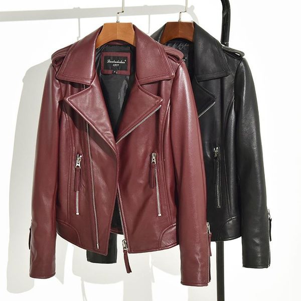 

women's leather & faux 2021 casual women genuine jacket natural real sheepskin female autumn winter motorcycle punk coat outerwear bla, Black