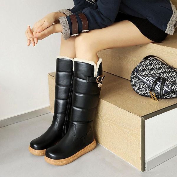 

boots belt buckle embellished down feather waterproof material knee-length non-slip flat side zipper warm women's, Black
