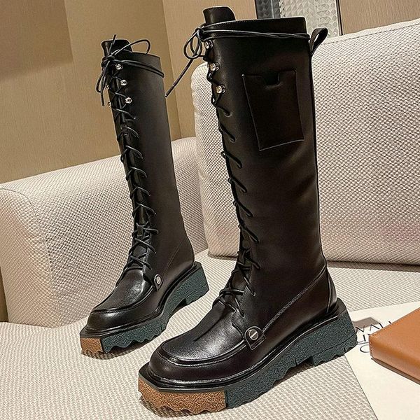 

boots round toe knee high autumn winter chunky heels shoes woman 2021 genuine leather party basic tight, Black