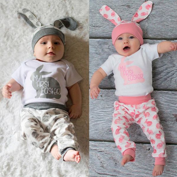 

clothing sets 3pcs born infant baby boys girls easter clothes cartoon printed romper bodysuit+pants hat outfits ropa de, White