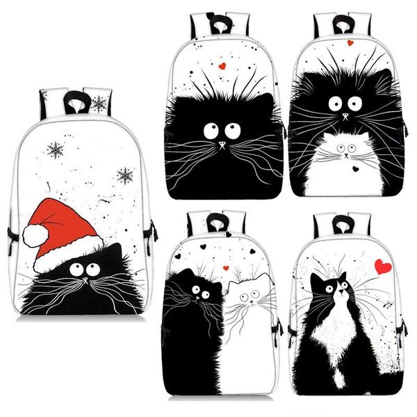 

backpack black and white cat women linen softback bags girl casual traveling portable student cute printing school bag