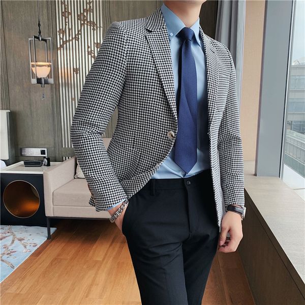 

autumn and winter blazer fine casual wear british social affairs retro houndstooth jacket homme suit ws6m, White;black