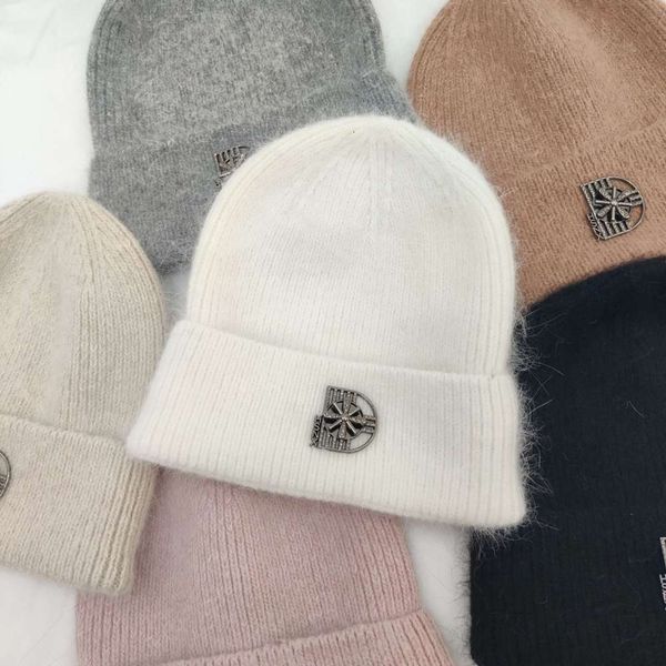 

hat rabbit hair knitted autumn winter letter d wool female white warm big head enclosure ear tide, Blue;gray