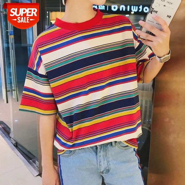 

rainbow stripe t shirt men harajuku o neck summer loose short sleeve tees #ew9m, White;black