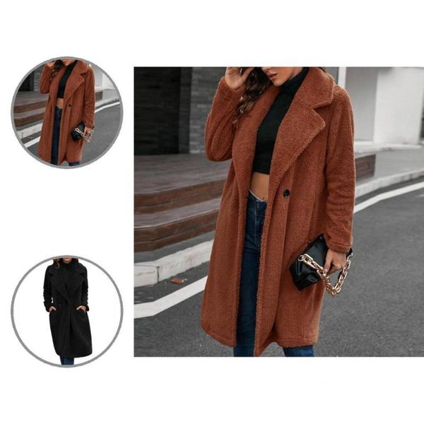 

women's wool & blends coat lapel elegant thick skin-friendly lady jacket winter for work, Black