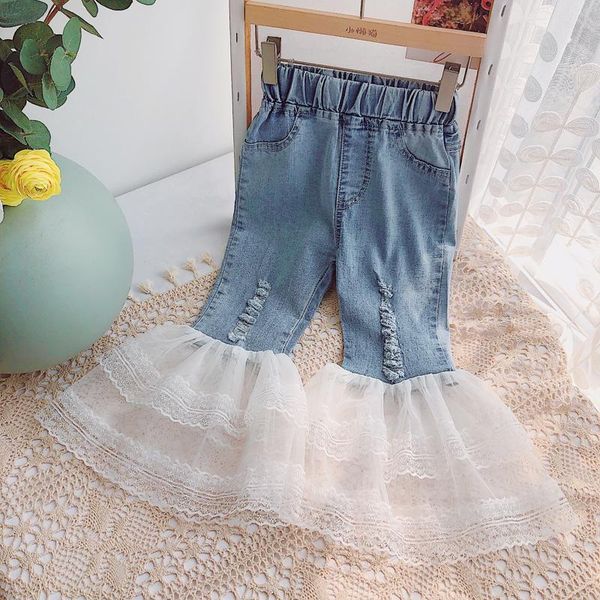 

jeans spring summer girls baby denim pants kids flare trousers children streetwear ripped layered mesh patch 3 to 9 yrs, Blue