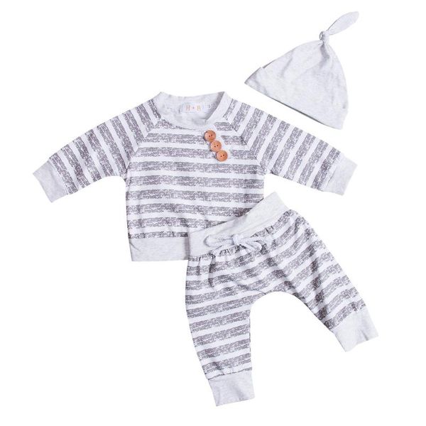 

clothing sets 3 pieces born baby kids boy girl long sleeve stripe buttons decor christmas clothes cotton romper pants outfits set, White