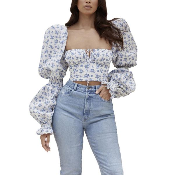 

women's t-shirt long puff sleeve crop , floral print low-cut for spring summer, White