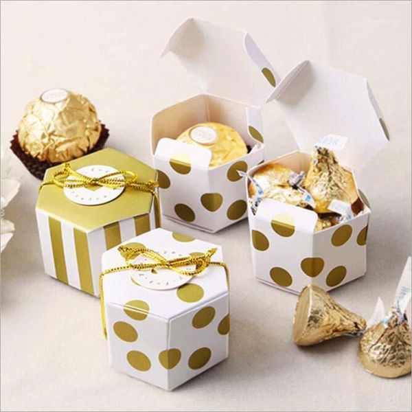 

100pcs mini stripe/dots golden bronzing color hexagon wedding chocolate box candy baking package party decorations11