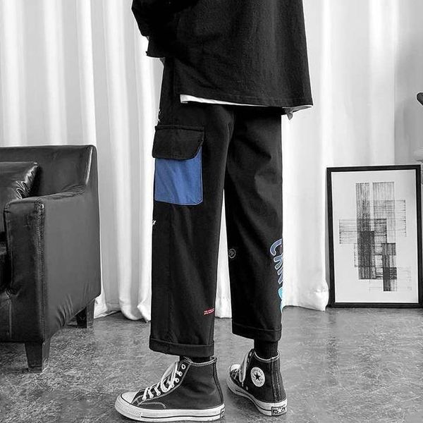 

men's pants style overalls loose straight casual capris, Black