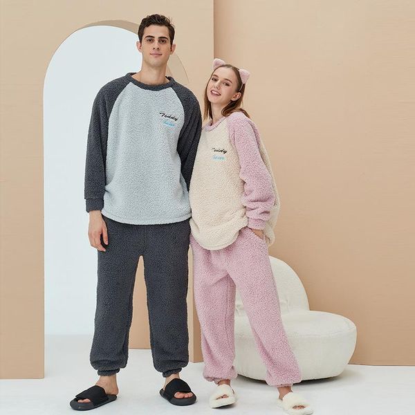

men's sleepwear couple flannel thicken warm winter casual 2pcs pajamas suit lover print loose home wear full sleeve pant nightwear, Black;brown