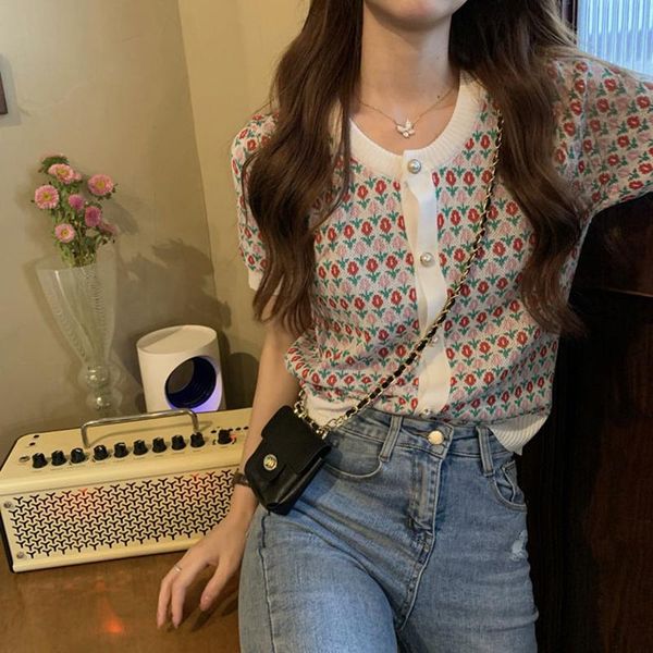 

women's knits & tees sweet floral print sweater for women vintage o neck short sleeve sheath knitted cardigan casual elastic female aut, White
