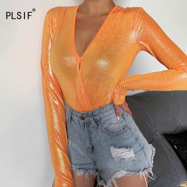 

women's jumpsuits & rompers european fashion orange bright pu leather lady skinny bodysuits v-neck catsuits club triangle shorts bodysu, Black;white