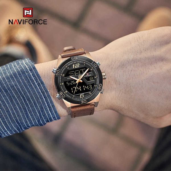 

naviforce luxury gold watches for men leather band waterproof digital alarm sport wristwatch man military dual time quartz clock 210728, Slivery;brown