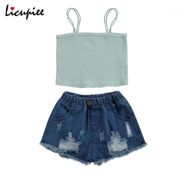 

2-7 years solid baby girls toddler 2pcs summer outfits, sleeveless rib knit strap + ripped denim shorts set clothing sets, White