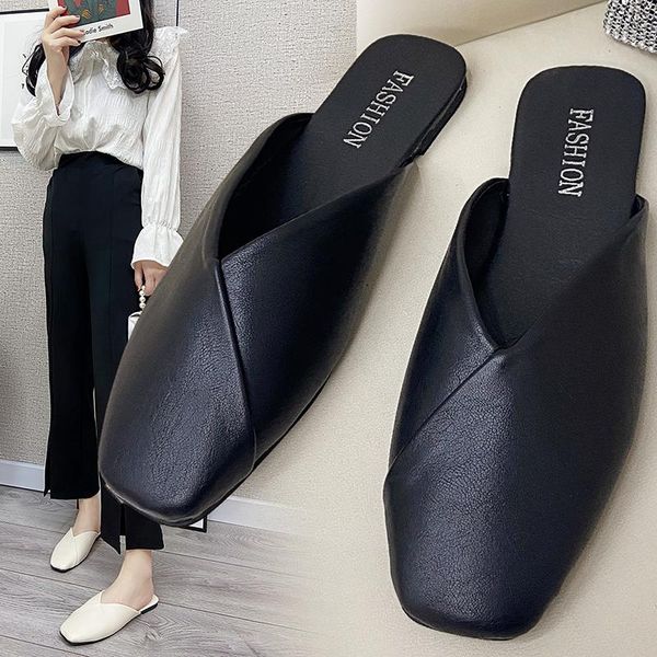 

slippers shoes cover toe low flat slides mules for women 2021 big size loafers square pu rome hoof heels basic fabric, Black