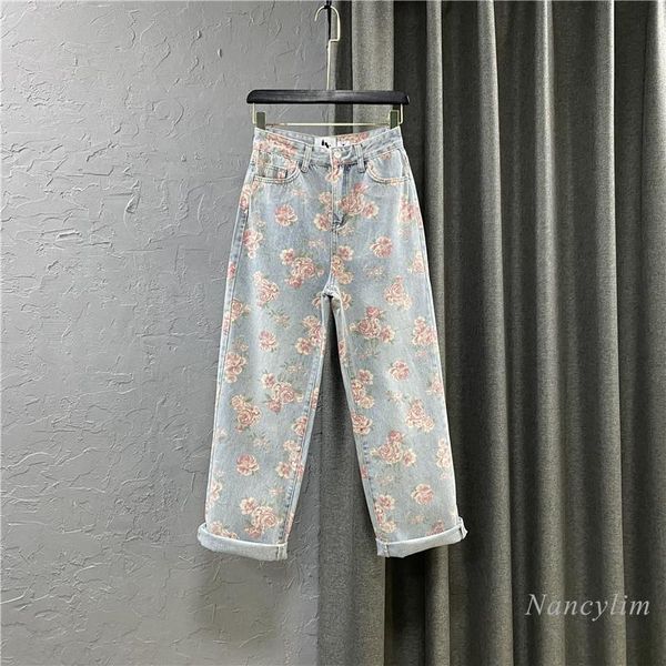 

women's jeans floral women 2021 autumn clothing korean fashion high waist retro flower loose wide-leg denim pants femme, Blue