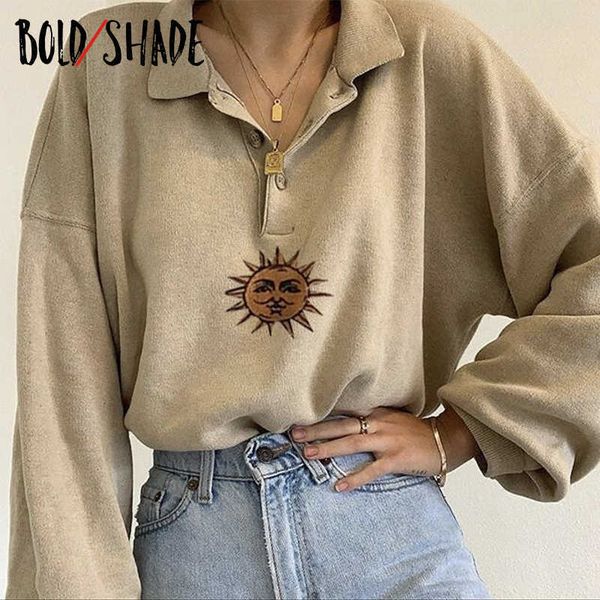 

bold shade vintage 90s fashion indie aesthetic sweatshirts embroidery turn-down collar women long sleeve hoodies autumn winter y0820, Black