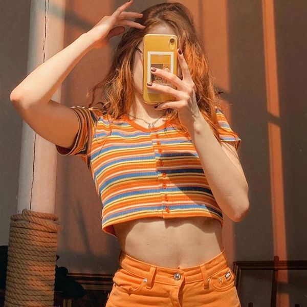 

2021 new vintage striped knitted crop women elastic slim sleeve tee summer casual streetwear short t shirt chic ph9u, White
