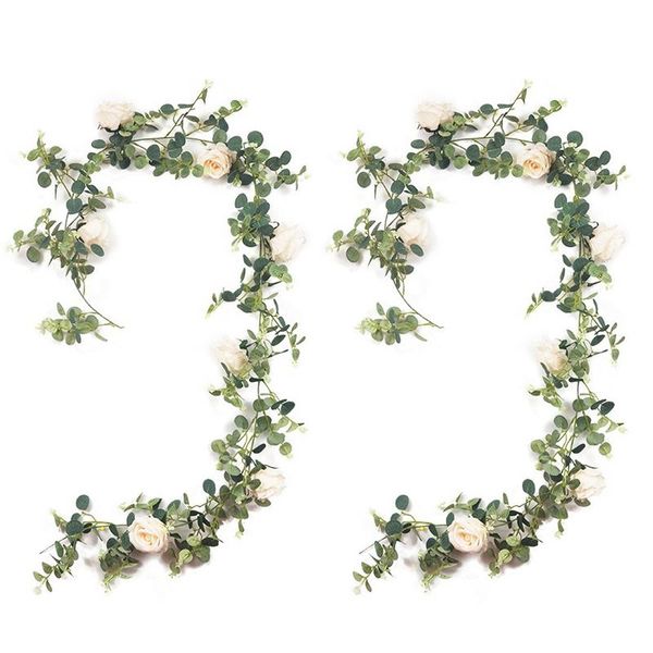 

2pcs artificial eucalyptus garland with champagne roses flower hanging greenery garland for wedding backdrop table decor