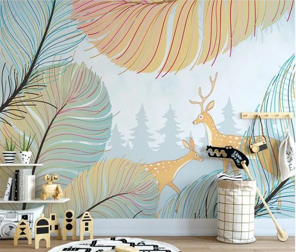 

wallpapers ainyoousem cartoon feather elk woods children room background wall wallpaper papel de parede 3d stickers