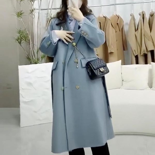 

women's wool & blends 2021 autumn winter double-breasted women 's coat woolen long water ripple cashmere female, Black