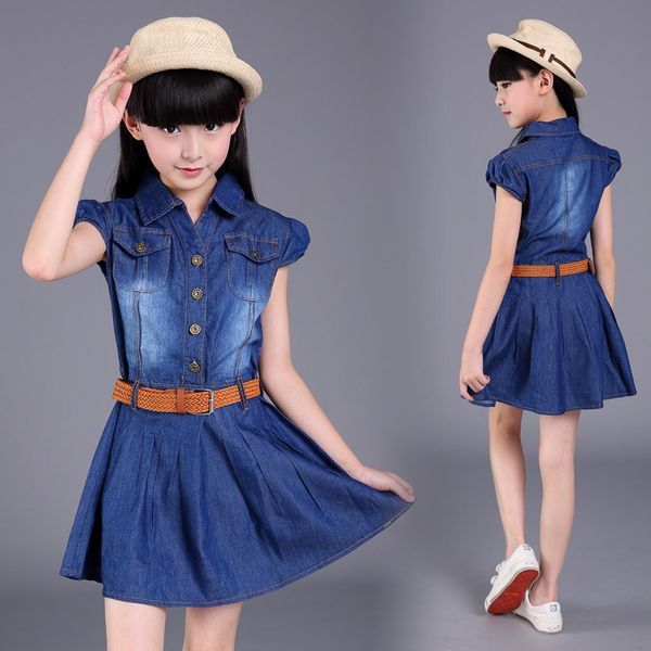 

kids dress for girls summer denim dress for girls kids 6 8 10 12 with belt dress girl teenage vestidos infantis clohes, Red;yellow