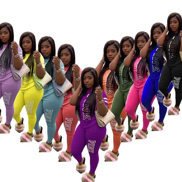 Mulheres Duas peças Calças Designer Tracksuits Slim Sexy Letras Casuais Impressão Sólida Color Outfits Sportwear 10 Cores