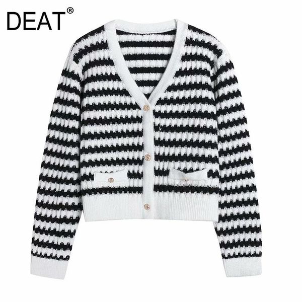 

women's knits & tees [deat] tide fashion 2021 spring autumn v-neck single-breasted long sleeve striped loose cardigan knitting sweater, White