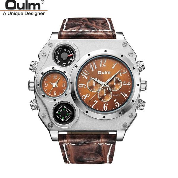 

wristwatches oulm original 1349 two time zone sport watch large dial big size male quartz clock decorative compass men military watches, Slivery;brown