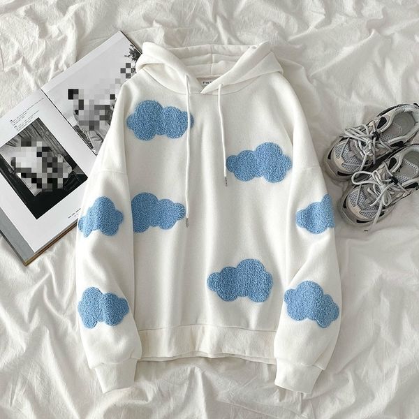 

ezgaga harajuku hoodies women casual preppy style sky clouds embroidery sweatshirt loose long sleeve pullover streetwear female 201203, Black