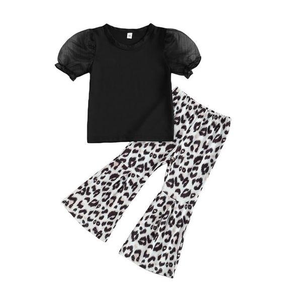 

clothing sets 2021 2-7y fashion kids baby girl lace puff short sleeve blouset leopard print flare pants summer outfits set 2pcs, White
