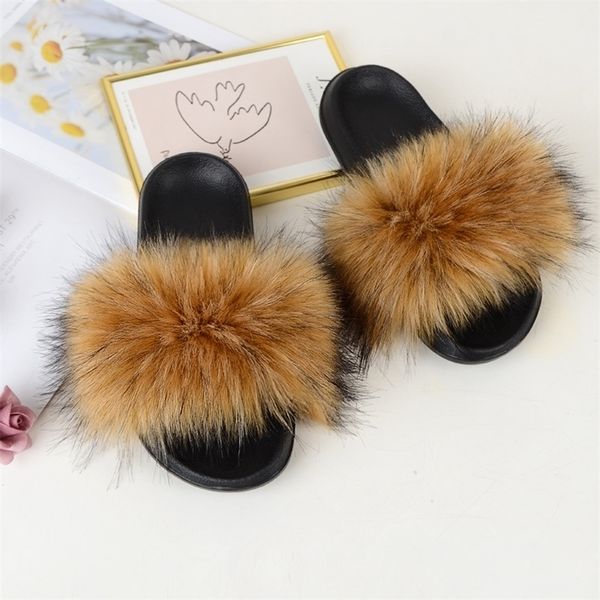 

faux fur slides furry slipper women summer shoes sandals ladies fluffy slides wholesale designer fashion luxury plush flip flops 210310, Black