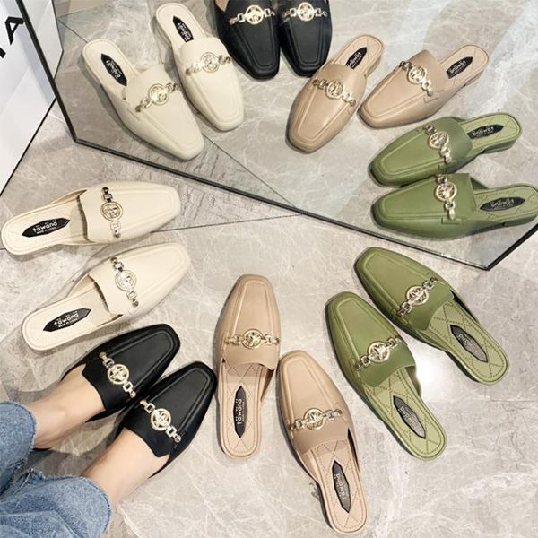 

slippers women 2021 summer fresh soft comfortable casual fashion green bone beige black tan metal buckle decoration lady