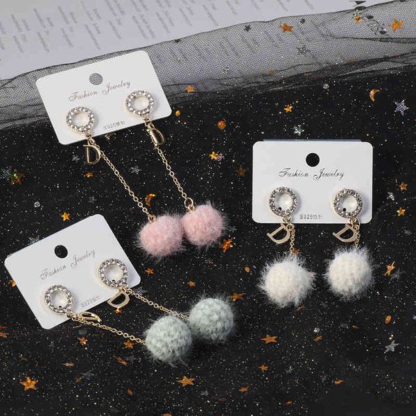 

new korean winter wool ball plush earrings women's s 925 sier needle letter d fashion long tassel, Golden