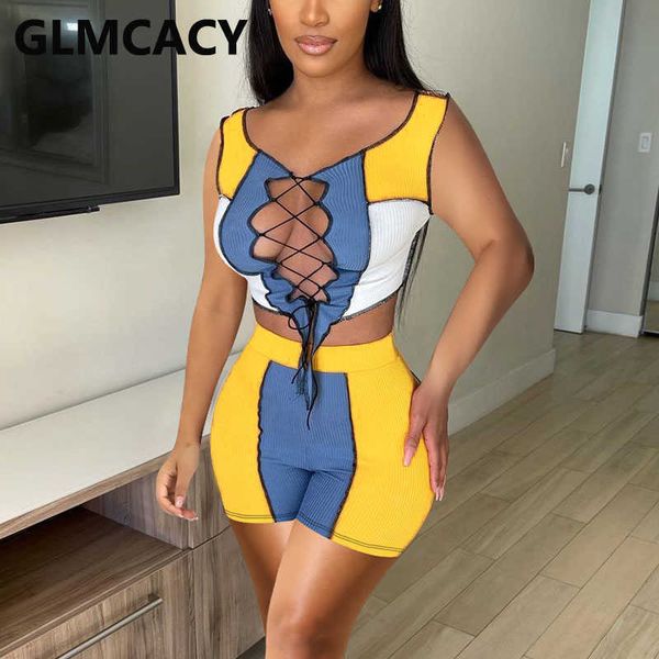 

women plus size strapless color block & bodycon shorts 210702, White