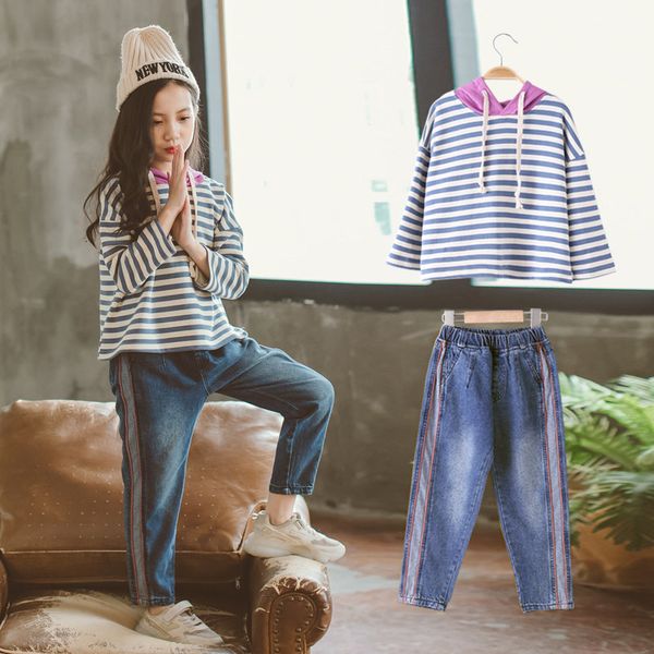 

2021 new teenager clothes girls children's costume suits kids'sweatpants with hood and teen jeans for 4-13year mcld, White