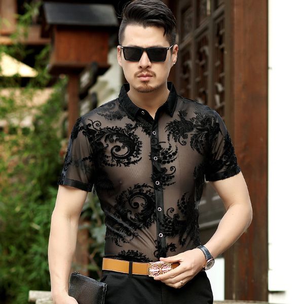 

luxo transparent lelvet floral silk short-sleeve see through summer party men's shirt fevc, White;black