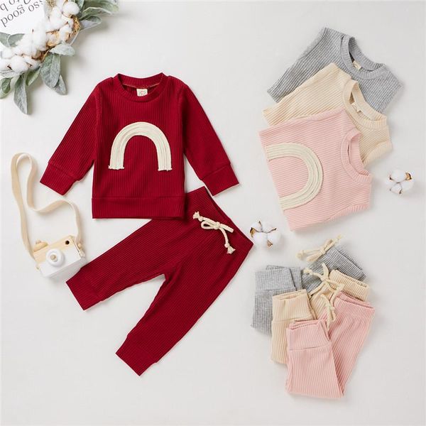 

clothing sets baby girl ribbed clothes set knitting pullover, lace-up pants, round collar long sleeves rainbow sports home jogger trouse, White