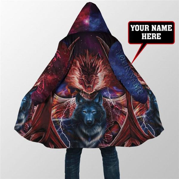 

men's wool & blends winter men for women hooded cloak custom name dragon&wolf 3d all over prined fleece wind breaker warm hood, Black