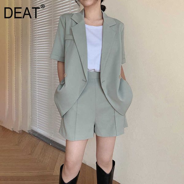 

[deat] summer fashion loose short sleeve blazer high waist solid color shorts women two-piece suit 13q162 210527, White
