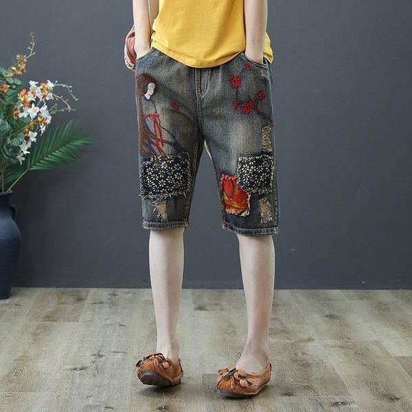 

women's jeans plus size summer female-style vintage elastic waistline denim women's cutout jeans embroidered nz012 skrm, Blue