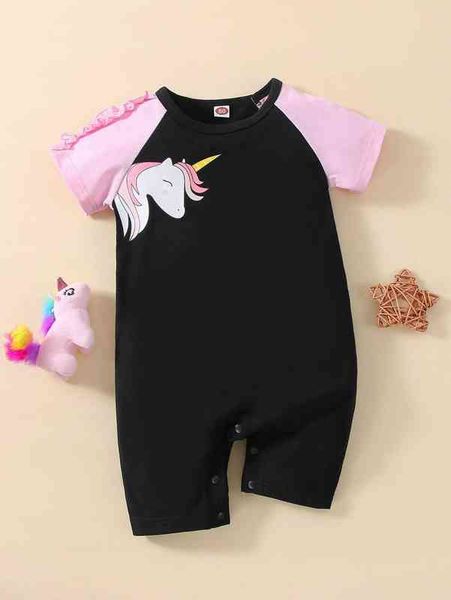 

baby unicorn print color block raglan sleeve frill trim romper she, Blue