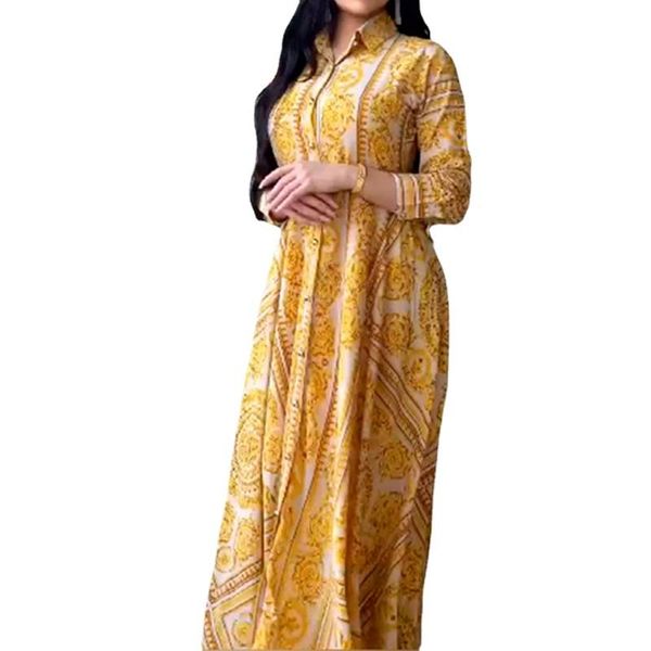 

ethnic clothing 2021 autumn winter muslim women long dress fashion casual printing lapel sleeve single-breasted high waist design, Red