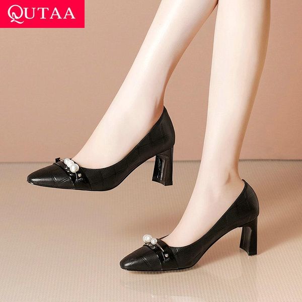 

dress shoes qutaa 2021 patchwork string bead genuine leather slip on women pointed toe summer female square high heels size 34-42, Black