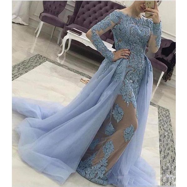 

casual dresses gorgeous mermaid evening gowns 2021 ice blue boat neck long sleeve lace with detachable train celebrity pageant dress wear, Black;gray