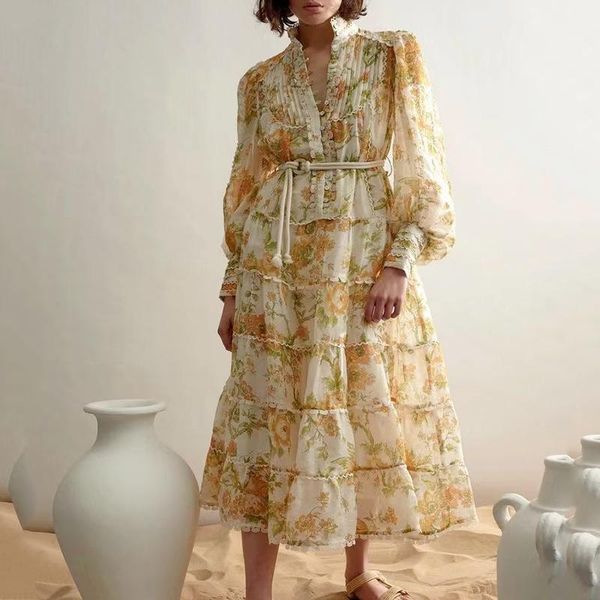 

casual dresses women maxi dress summer floral print stand collar long lantern sleeve high waist sashes holiday, Black;gray