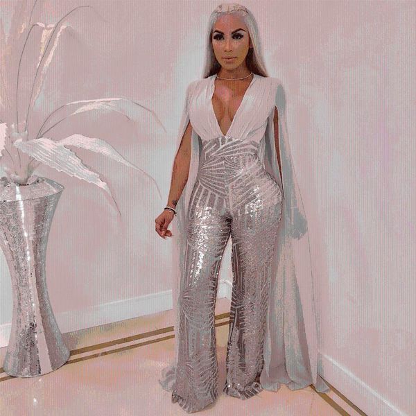 

autumn elegant sequins jumpsuit womens solid color ladies casual long trousers birthday outfits sequins jumpsuit womens, White