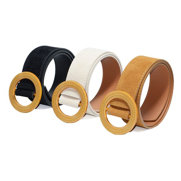

winter autumn women's suede wide belt women's casual versatile round wood buckle imitation leather belt, Black;brown