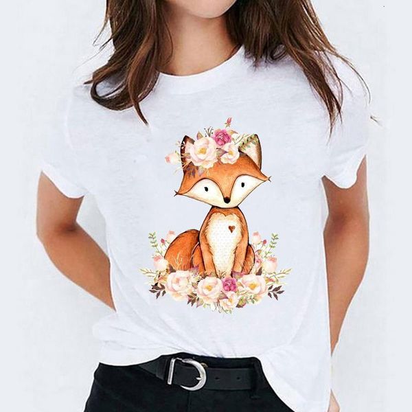 

graphic t shirt for women fox floral cartoon sweet fashion printing print lady t-shirts womens ladies female tee t-shirt, White